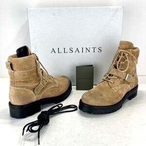 AllSaints Paulina Women Tan Moto Boot Sz 8 Leather Lace-Up Platform Lug Sole New